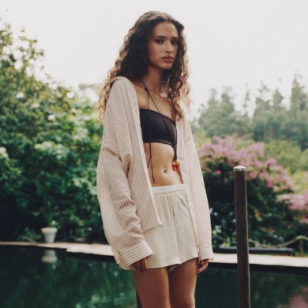 ZARA OVERSIZED STRIPED SHIRT IN ECRU / BROWN SIZE M NWOT